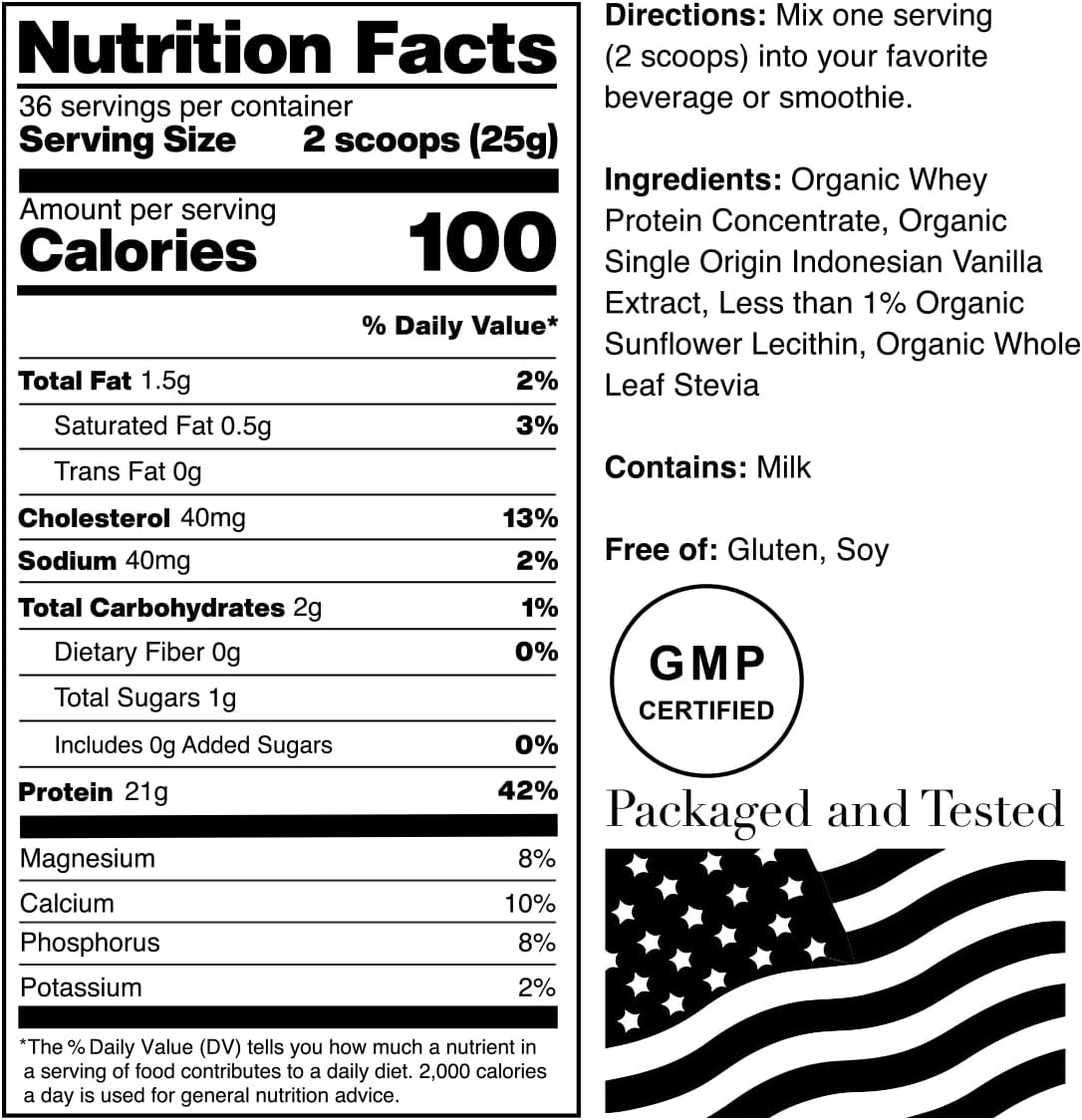 2lbs NorCal Organic Vanilla Whey Protein - Grass-Fed, Single-Origin Vanilla - Non-GMO & American Humane Certified from California Farms
