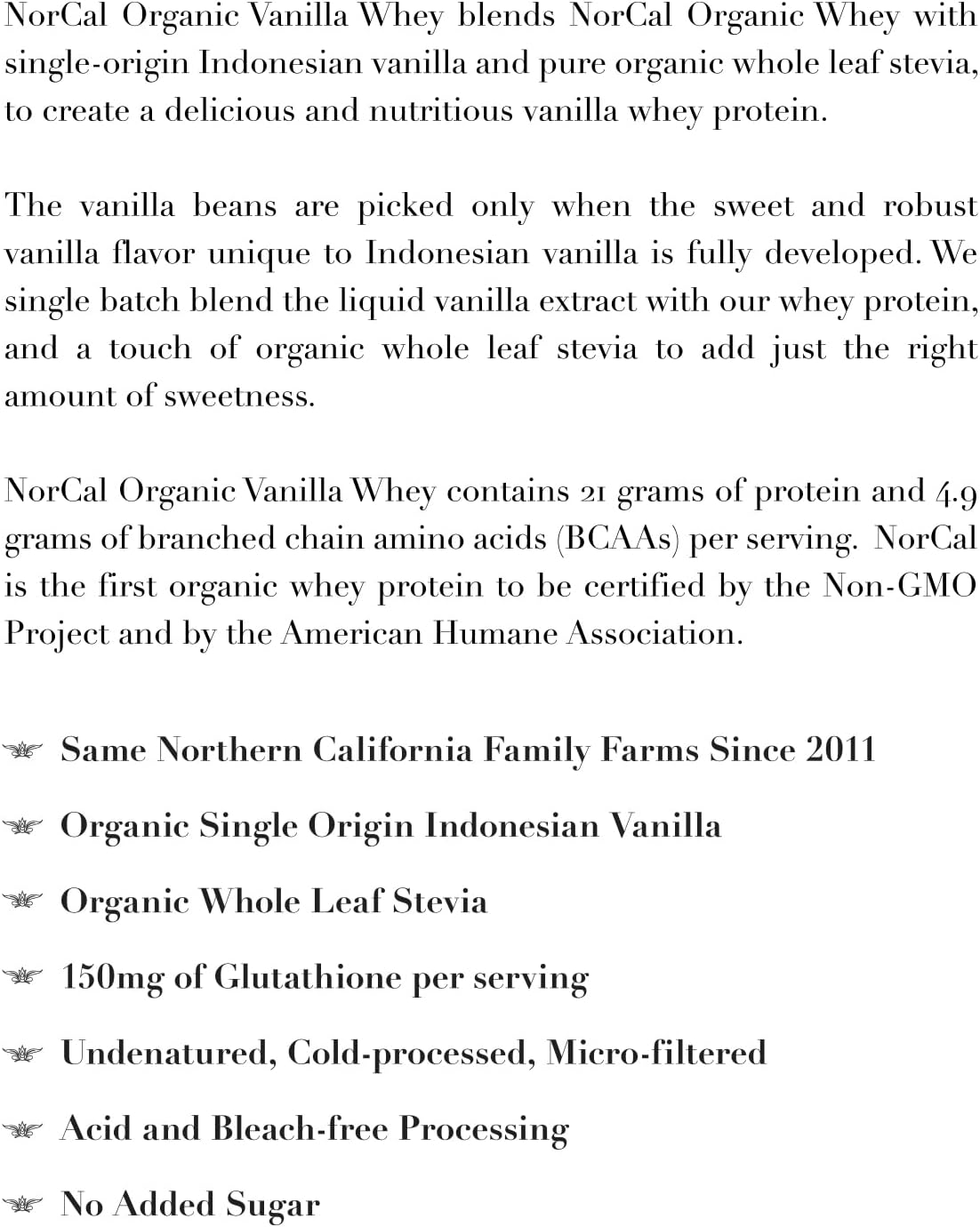 2lbs NorCal Organic Vanilla Whey Protein - Grass-Fed, Single-Origin Vanilla - Non-GMO & American Humane Certified from California Farms