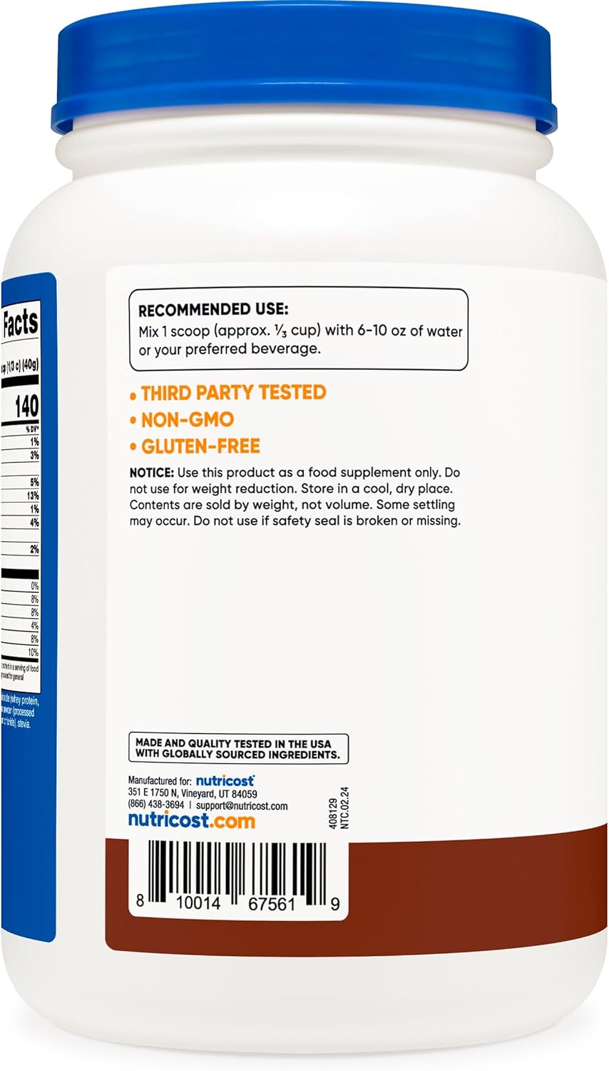 2LBS Nutricost Grass-Fed Whey Protein Isolate in Chocolate Flavor - Non-GMO, Gluten Free, with Natural Flavors