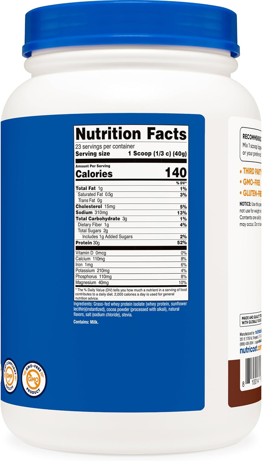 2LBS Nutricost Grass-Fed Whey Protein Isolate in Chocolate Flavor - Non-GMO, Gluten Free, with Natural Flavors