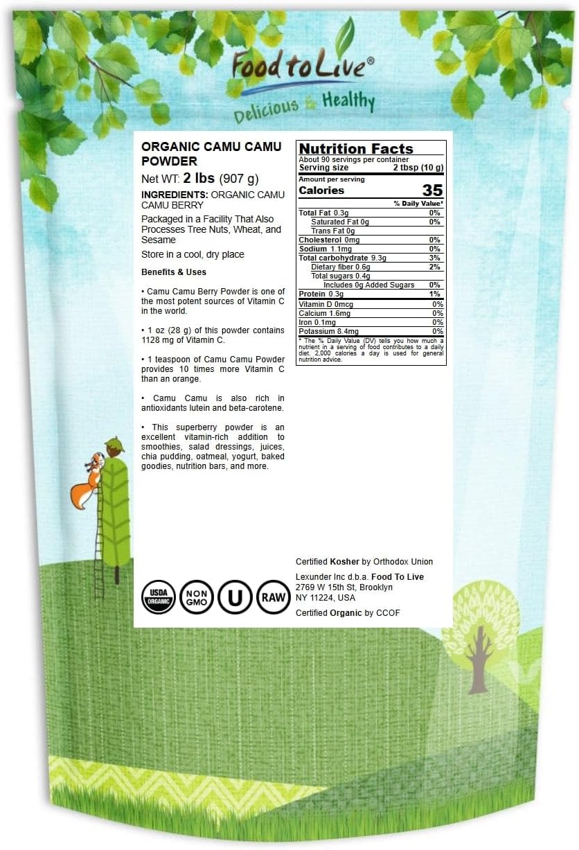 2lbs Organic Camu Camu Powder - Non-GMO, Kosher, Raw, Vegan Superfood for Baking and Drinks