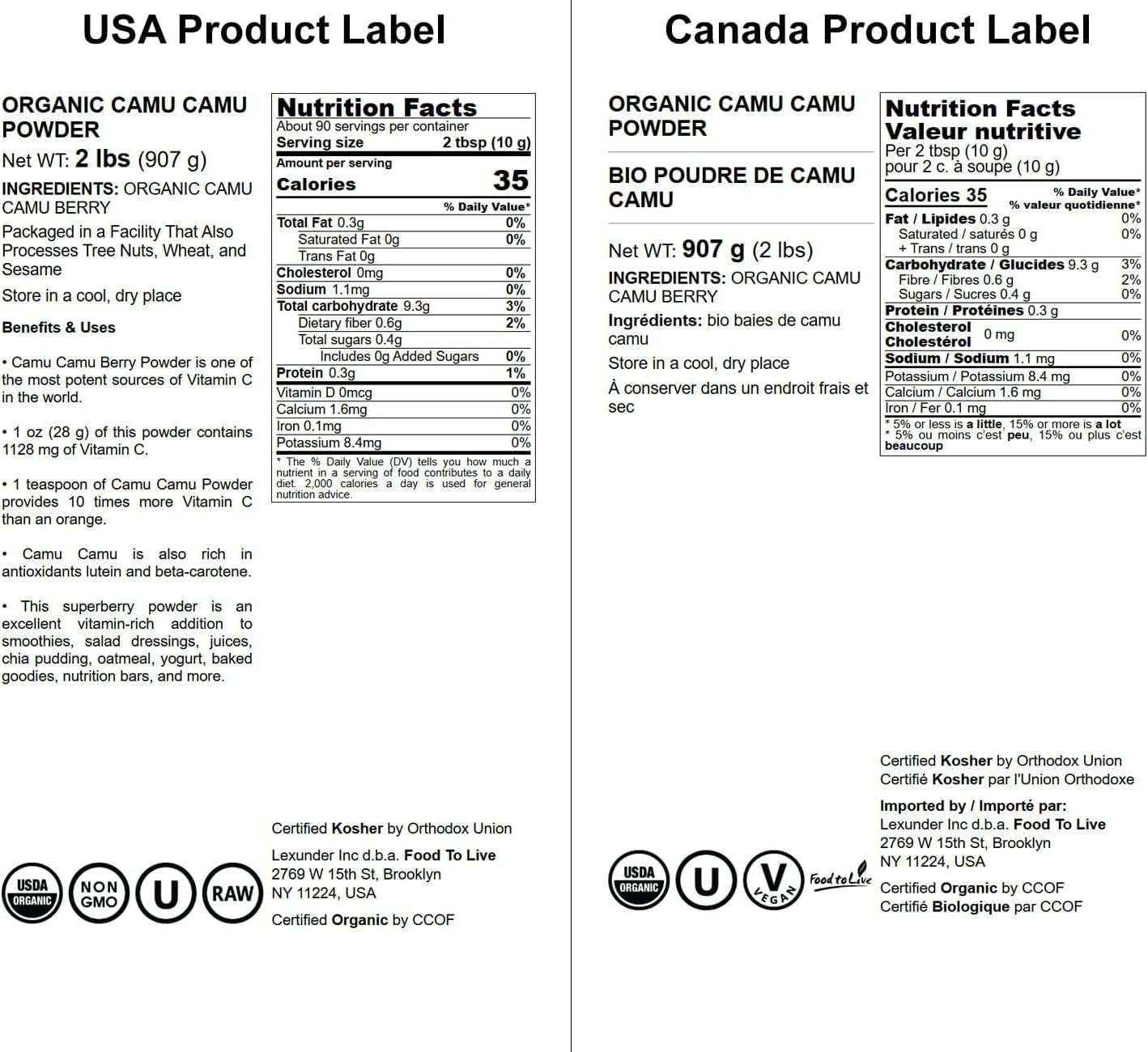 2lbs Organic Camu Camu Powder - Non-GMO, Kosher, Raw, Vegan Superfood for Baking and Drinks