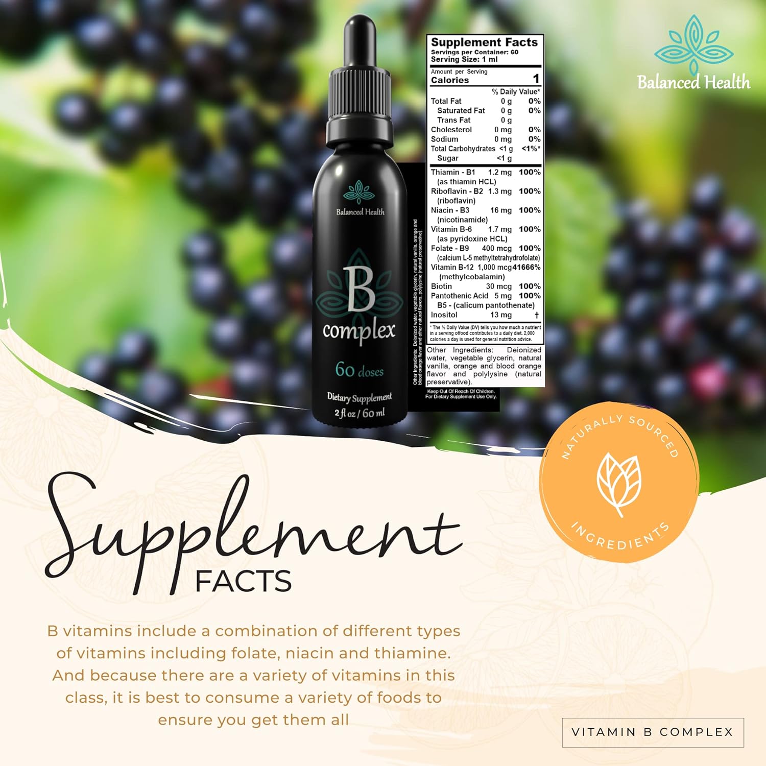 2oz Balanced Health Vitamin B-Complex Drops - 60 Doses of All 8 B-Vitamins - Immune & Energy Support - Non GMO Vegetarian Formula