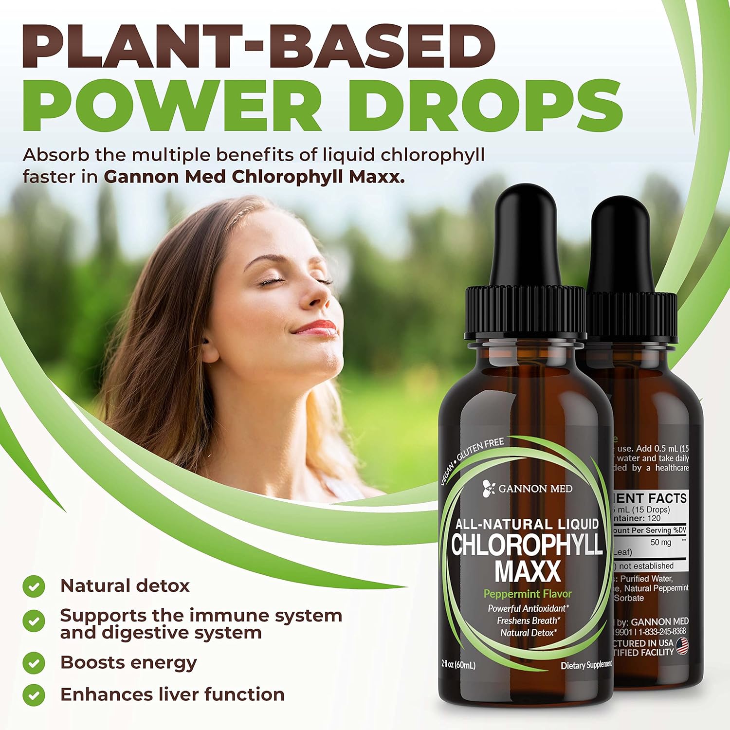2oz GANNON MED Chlorophyll Maxx Liquid Drops for Internal Deodorant, Energy Boost, and Digestion Support - Mint Flavor