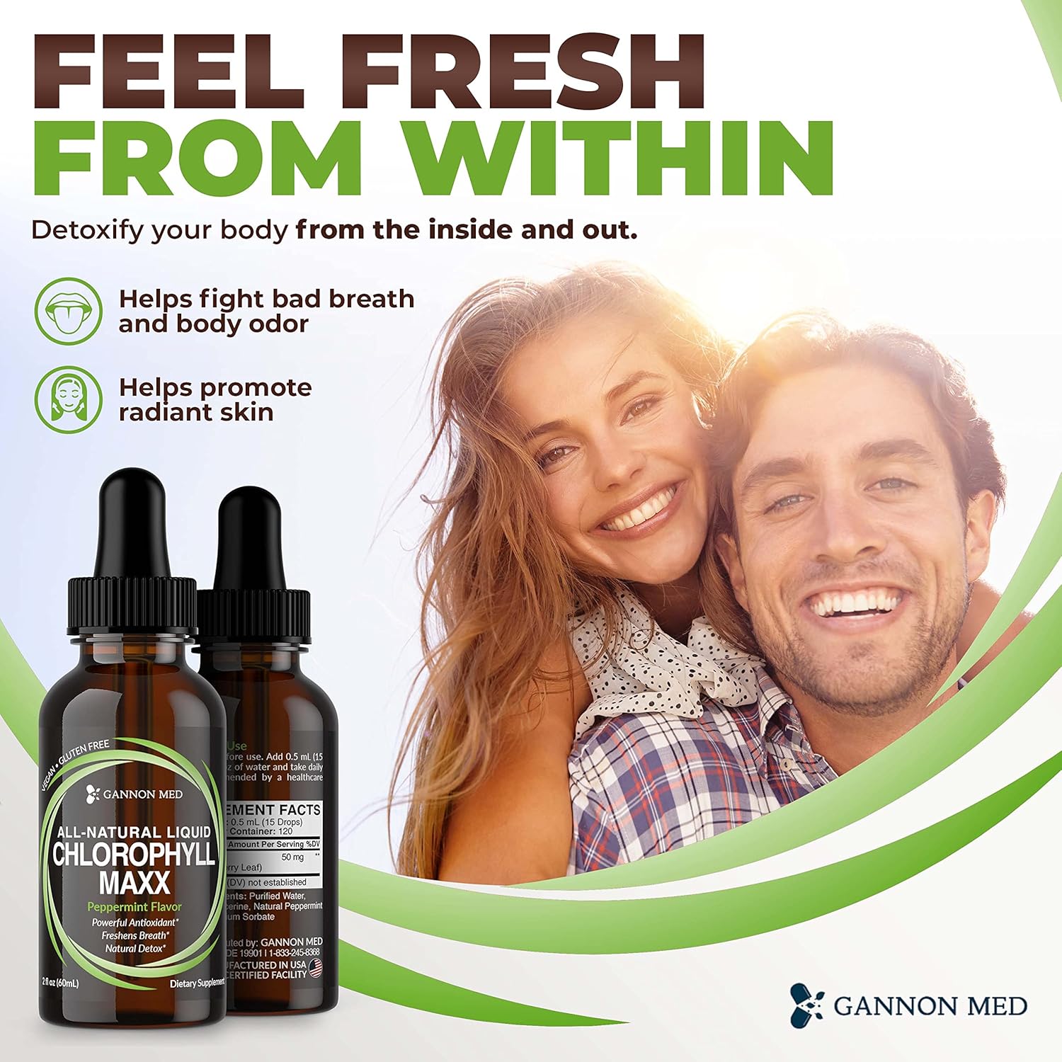 2oz GANNON MED Chlorophyll Maxx Liquid Drops for Internal Deodorant, Energy Boost, and Digestion Support - Mint Flavor