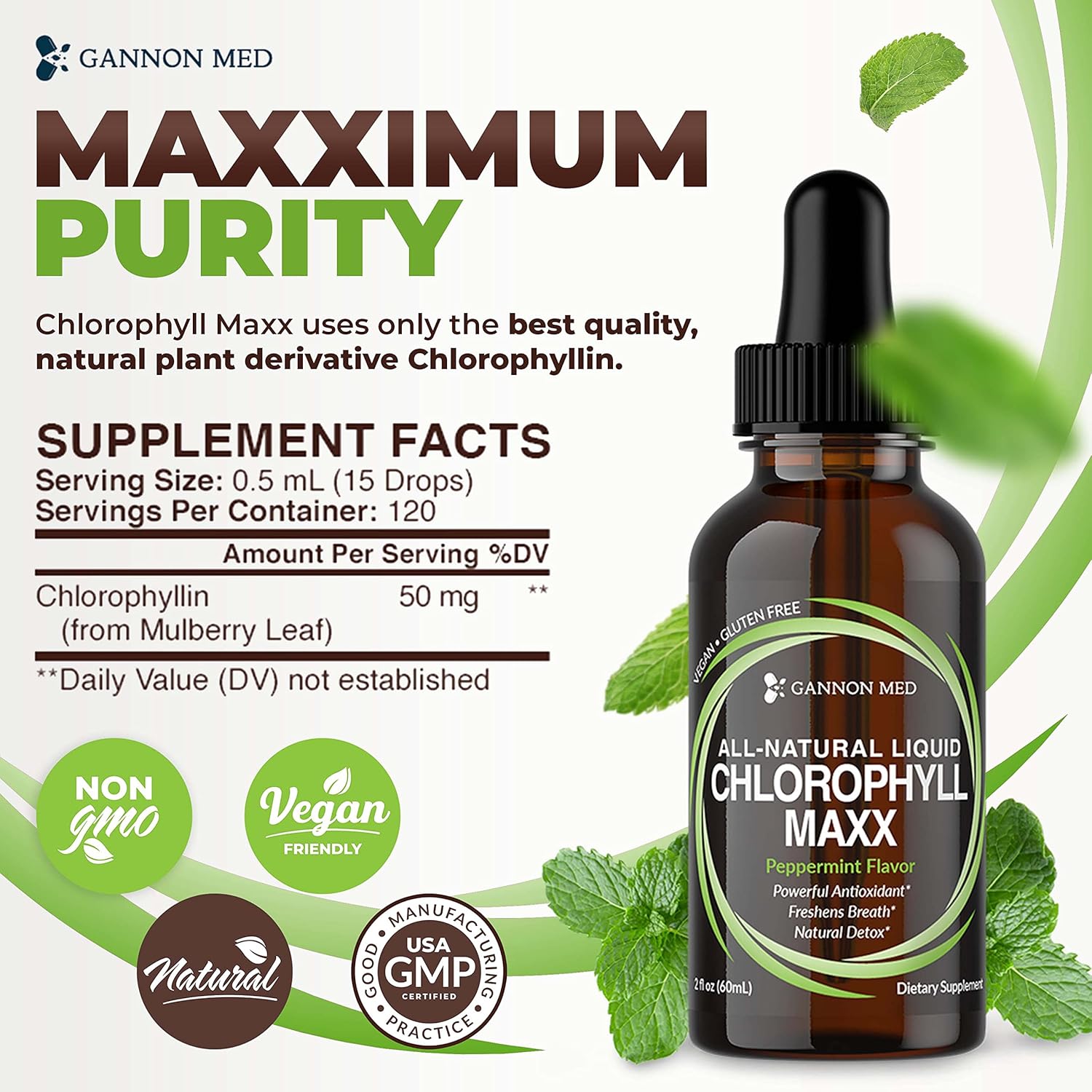 2oz GANNON MED Chlorophyll Maxx Liquid Drops for Internal Deodorant, Energy Boost, and Digestion Support - Mint Flavor