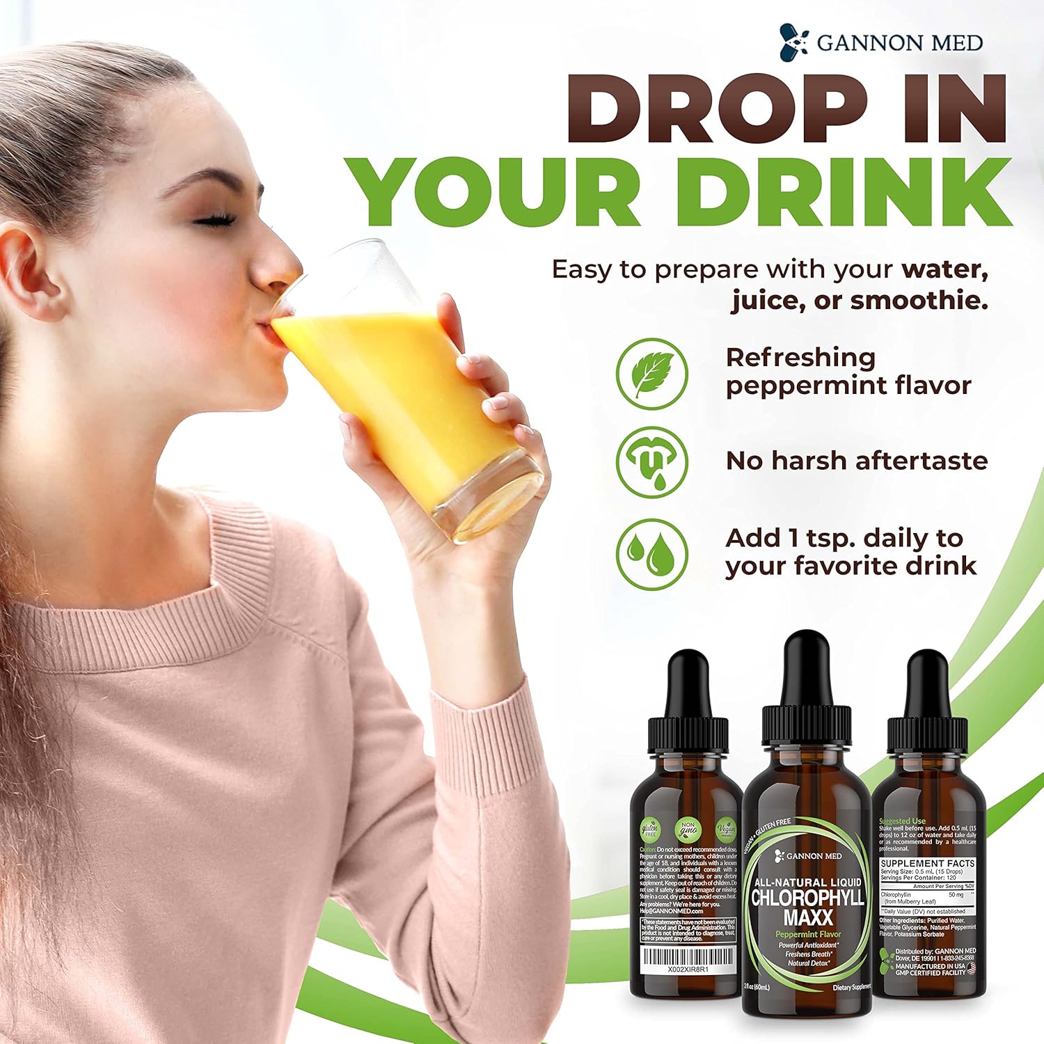 2oz GANNON MED Chlorophyll Maxx Liquid Drops for Internal Deodorant, Energy Boost, and Digestion Support - Mint Flavor