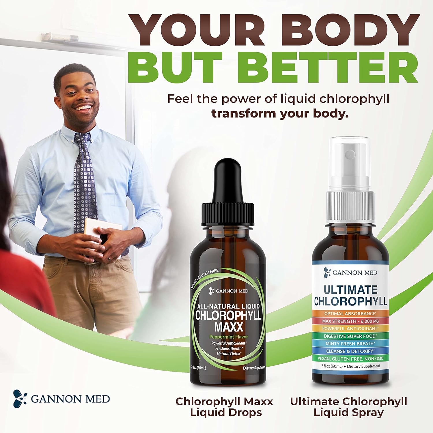 2oz GANNON MED Chlorophyll Maxx Liquid Drops for Internal Deodorant, Energy Boost, and Digestion Support - Mint Flavor