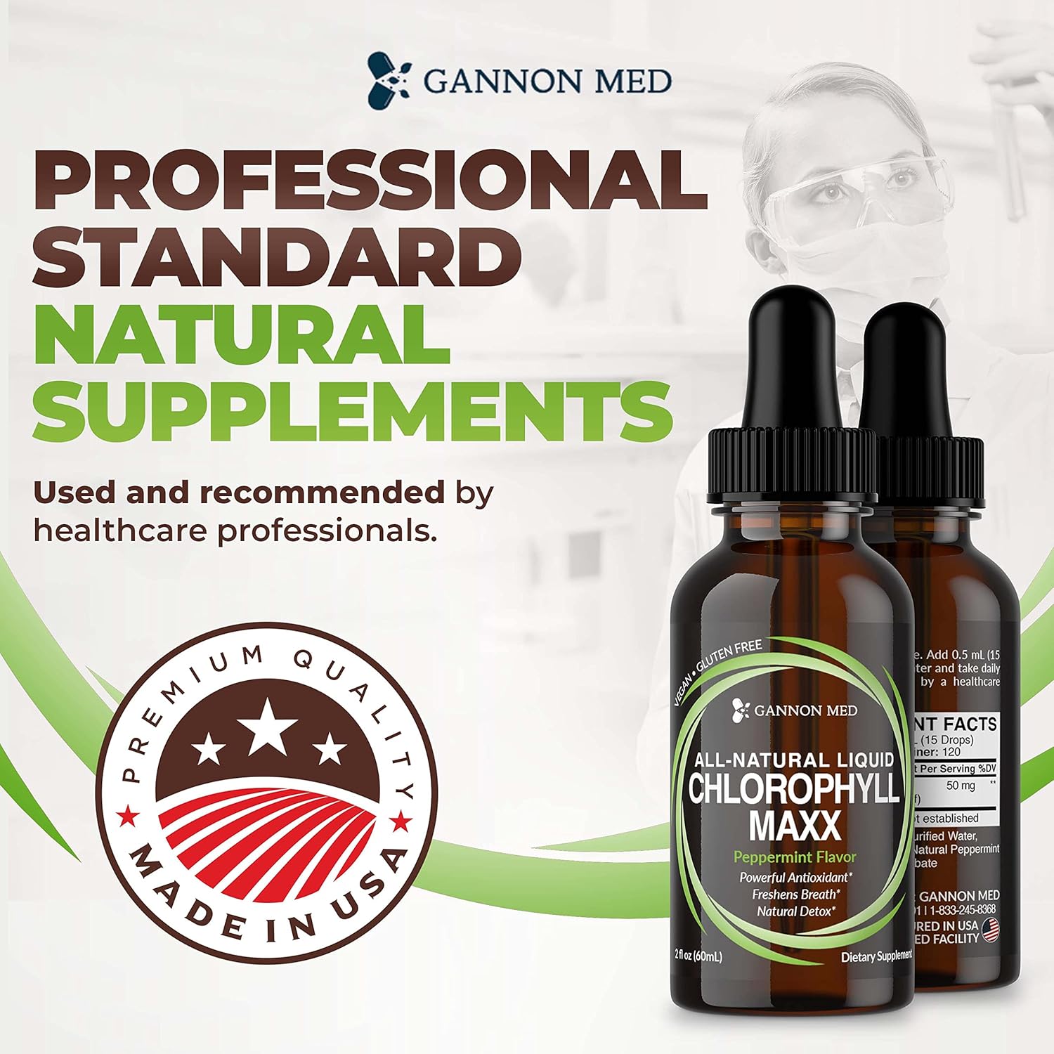 2oz GANNON MED Chlorophyll Maxx Liquid Drops for Internal Deodorant, Energy Boost, and Digestion Support - Mint Flavor