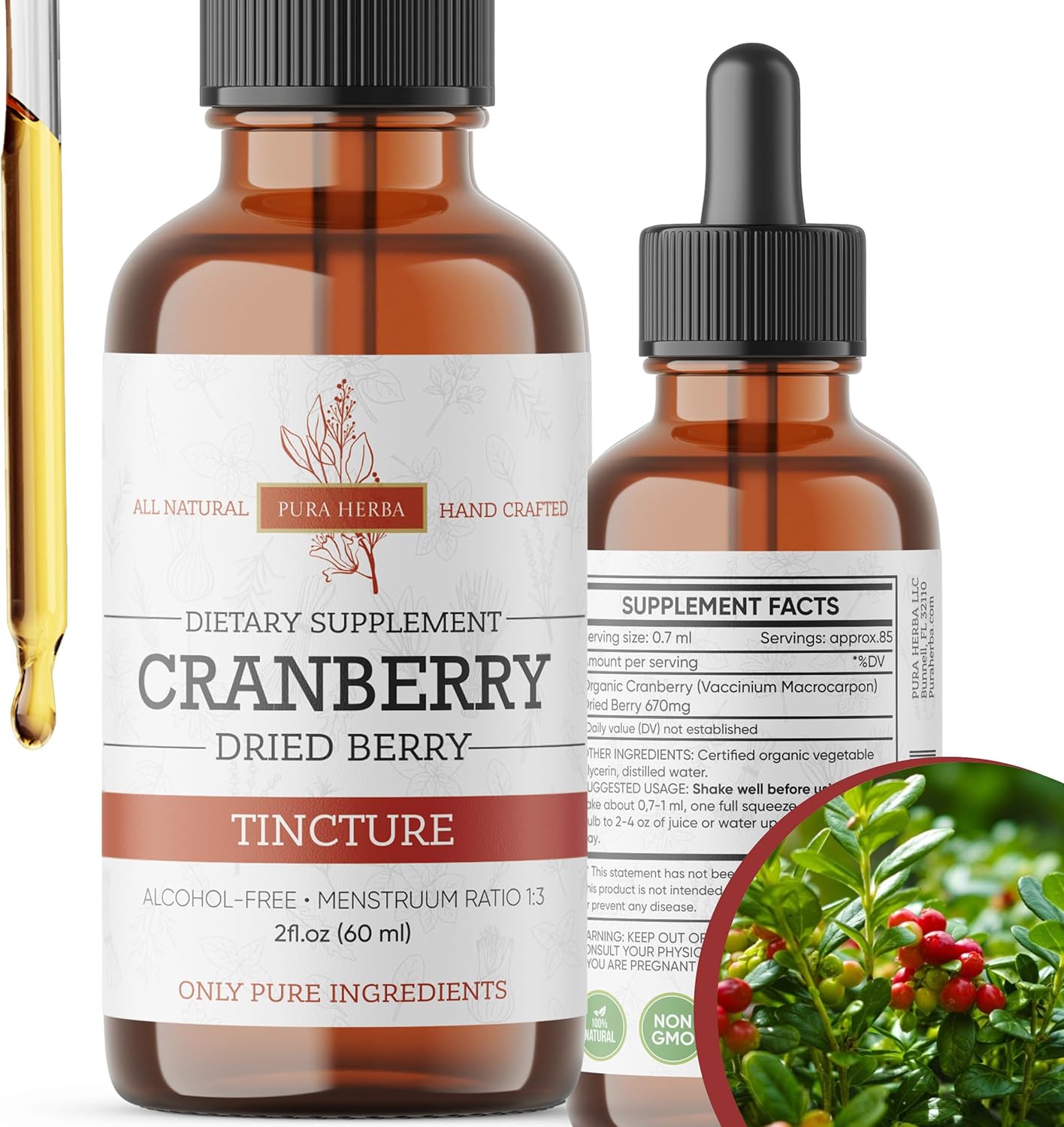 2oz Pura Herba Cranberry Extract Liquid Supplement - Natural Juice Concentrate, Gluten-Free & Alcohol-Free