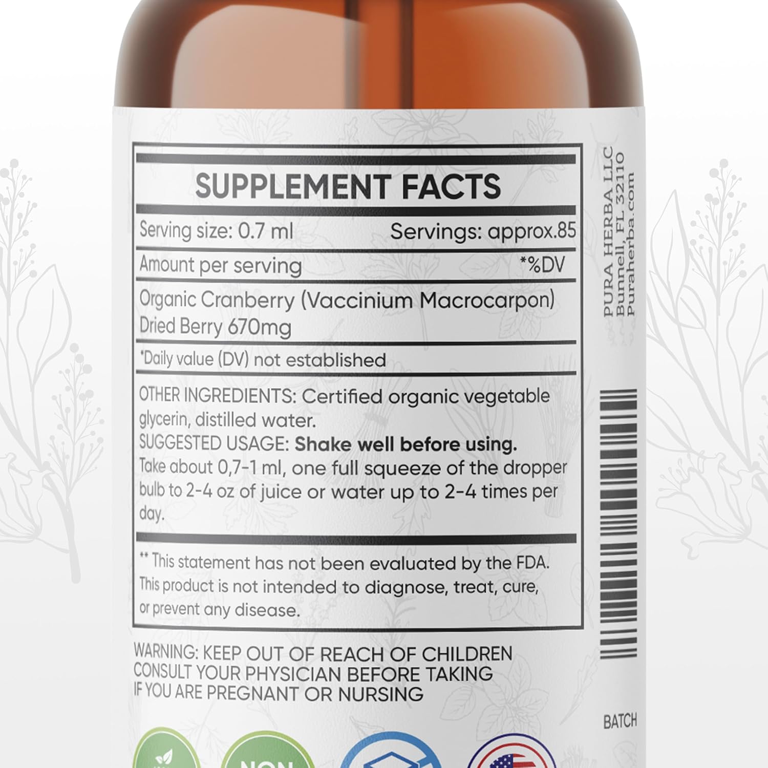 2oz Pura Herba Cranberry Extract Liquid Supplement - Natural Juice Concentrate, Gluten-Free & Alcohol-Free