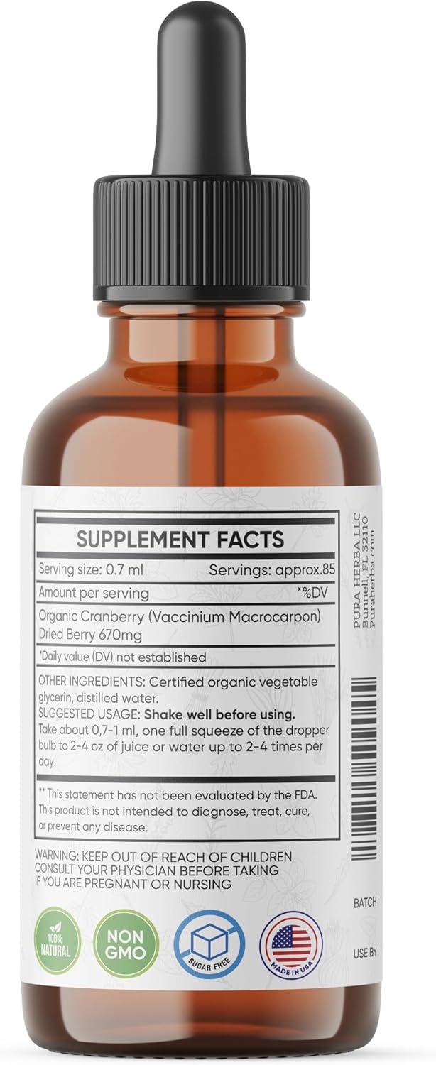 2oz Pura Herba Cranberry Extract Liquid Supplement - Natural Juice Concentrate, Gluten-Free & Alcohol-Free
