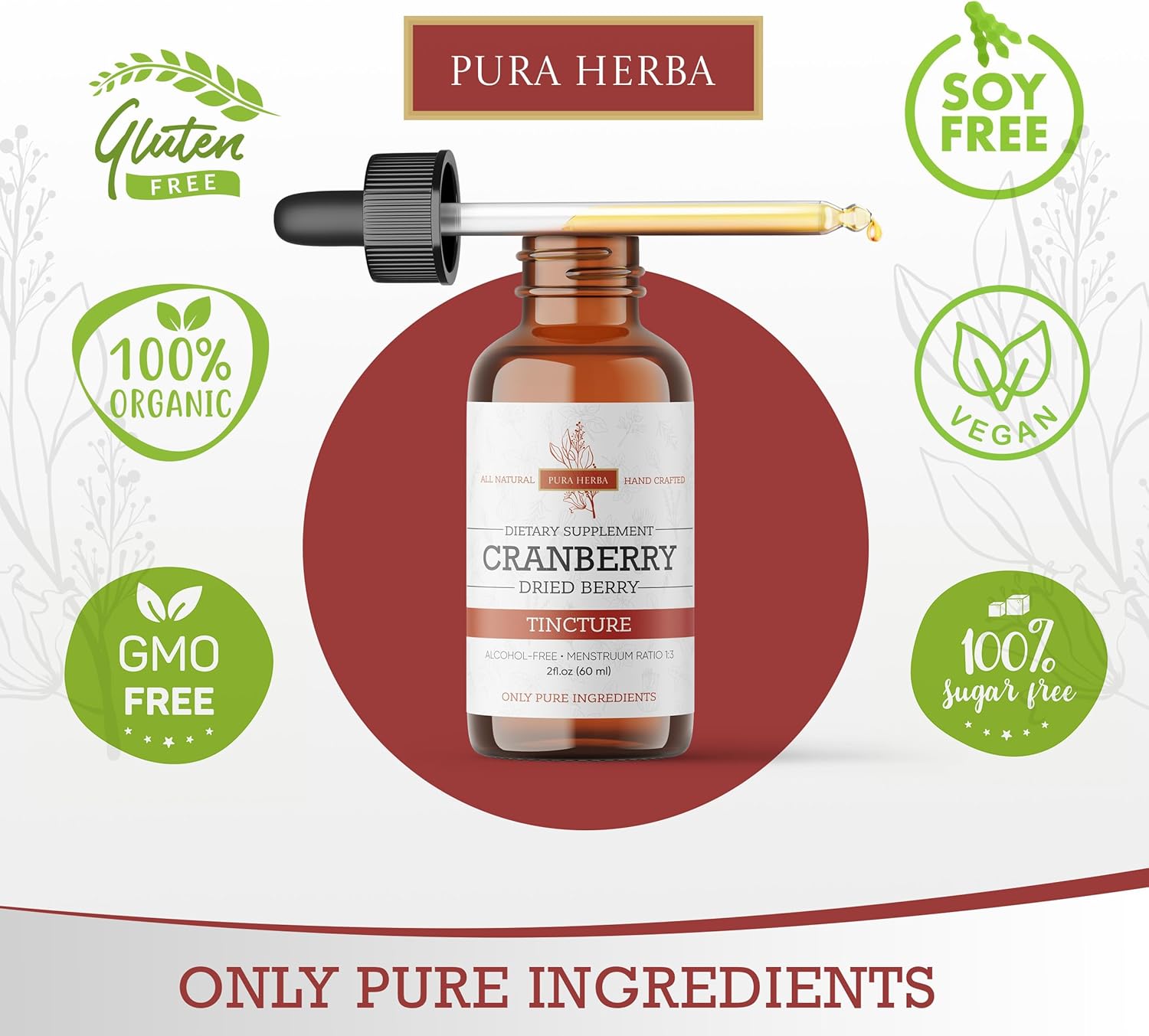 2oz Pura Herba Cranberry Extract Liquid Supplement - Natural Juice Concentrate, Gluten-Free & Alcohol-Free
