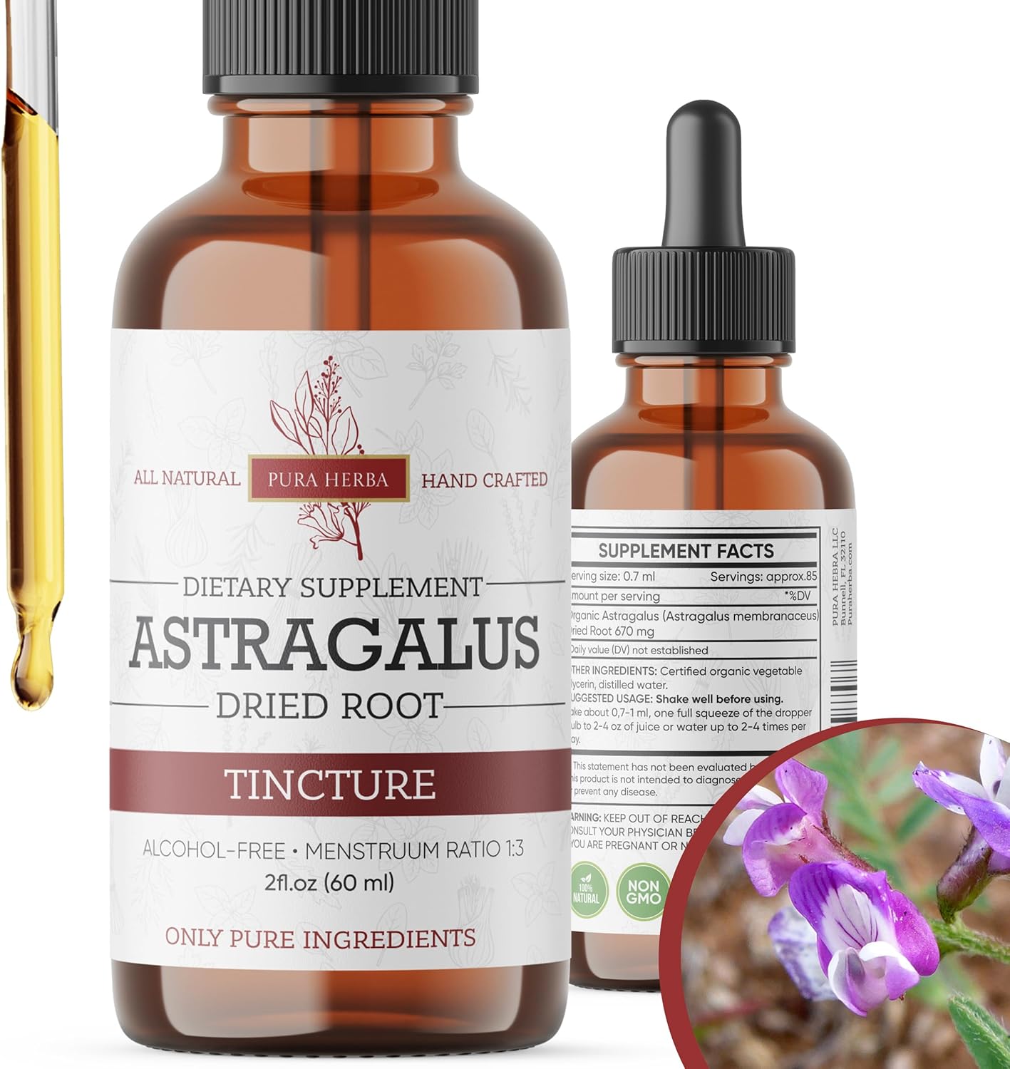 2oz Vegan Astragalus Root Extract Tincture - Alcohol-Free & Pure Herbal Supplement