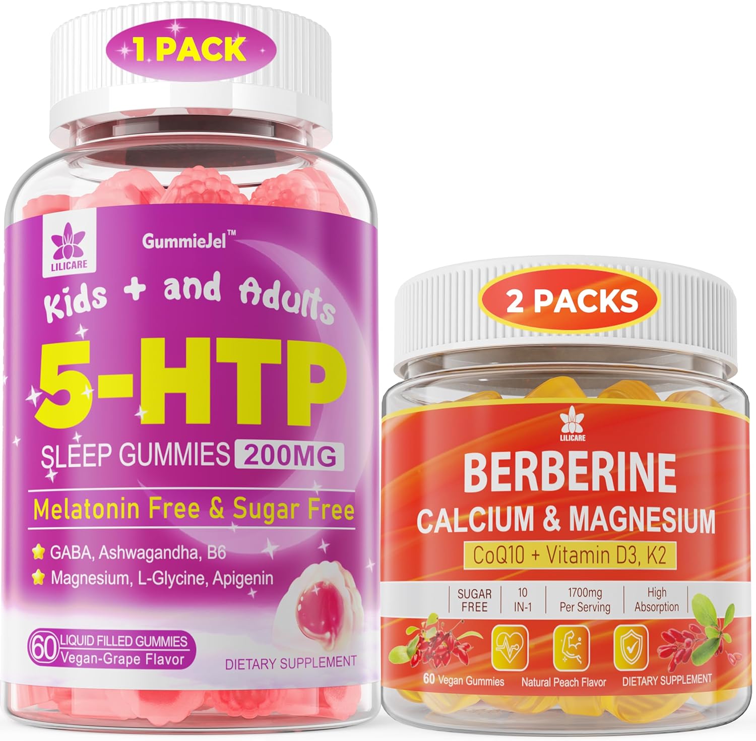 2Pack Berberine & 1Pack 5HTP Gummies for Adults & Kids 8+, Sugar Free - LILICARE Supplement