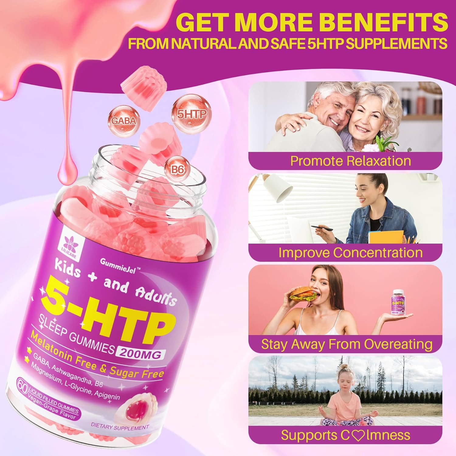 2Pack Berberine & 1Pack 5HTP Gummies for Adults & Kids 8+, Sugar Free - LILICARE Supplement