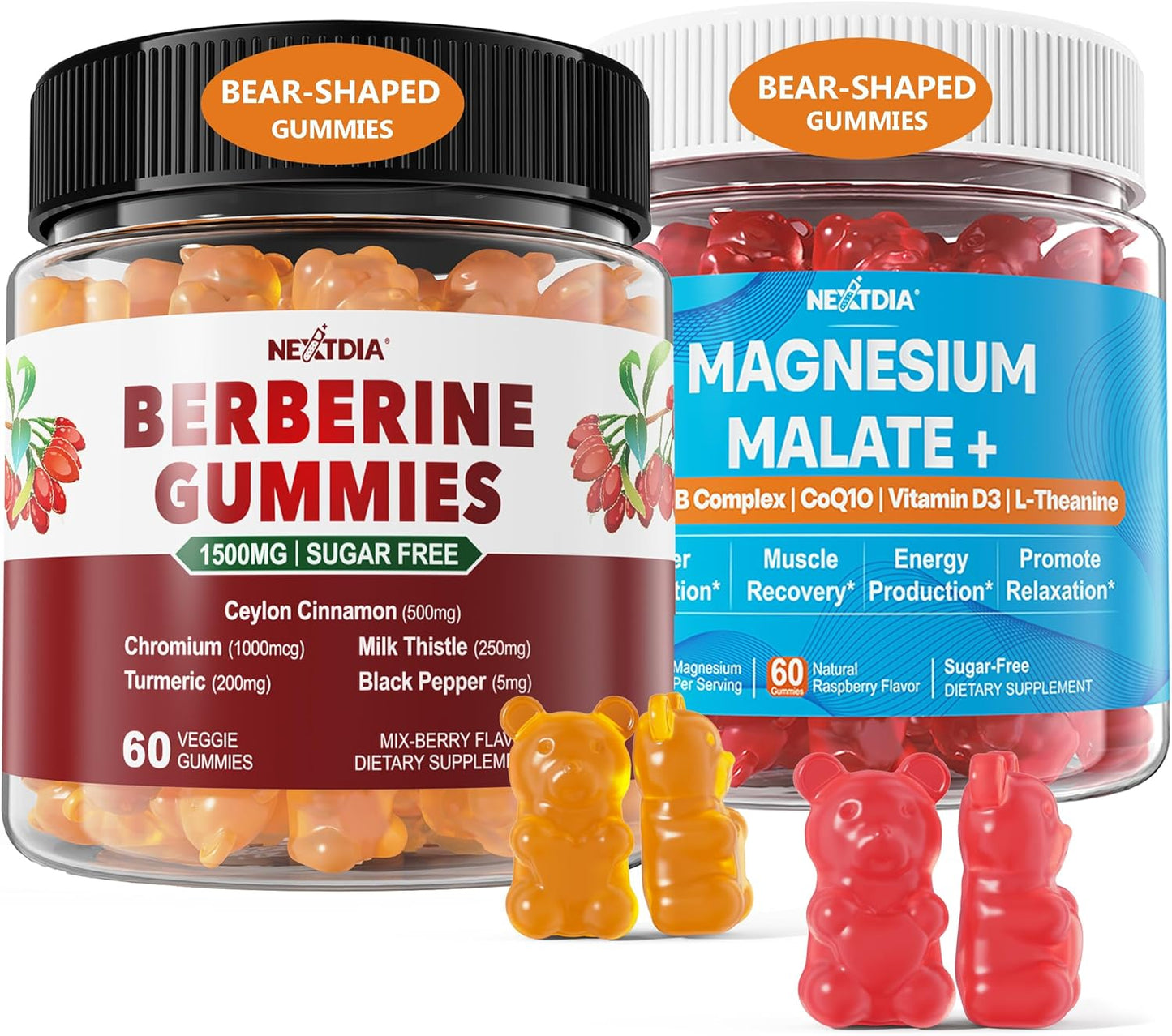 2Pack Berberine Supplement Gummies 1500mg + 2Pack Magnesium Malate with CoQ10-100mg Gummies for Energy and Heart Health