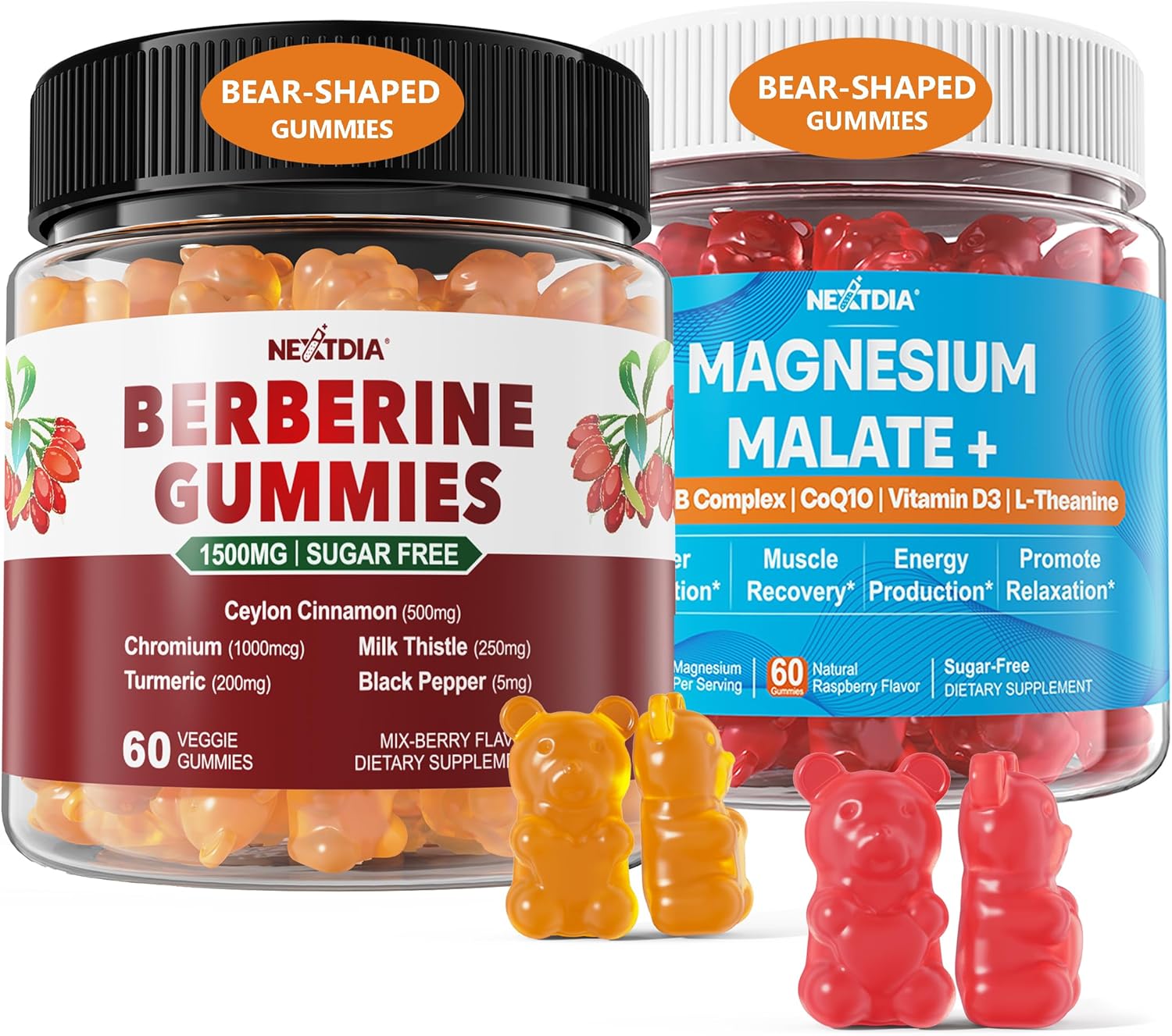 2Pack Berberine Supplement Gummies 1500mg + 2Pack Magnesium Malate with CoQ10-100mg Gummies for Energy and Heart Health