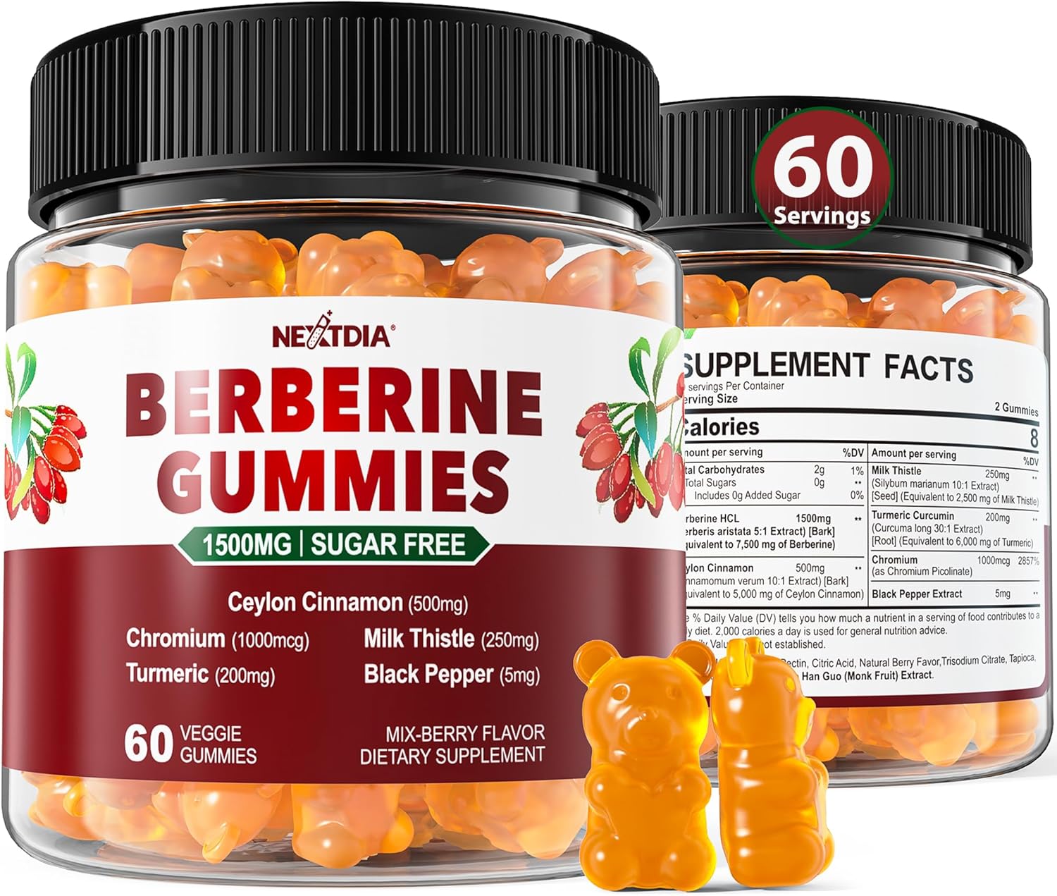 2Pack Berberine Supplement Gummies 1500mg + 2Pack Magnesium Malate with CoQ10-100mg Gummies for Energy and Heart Health