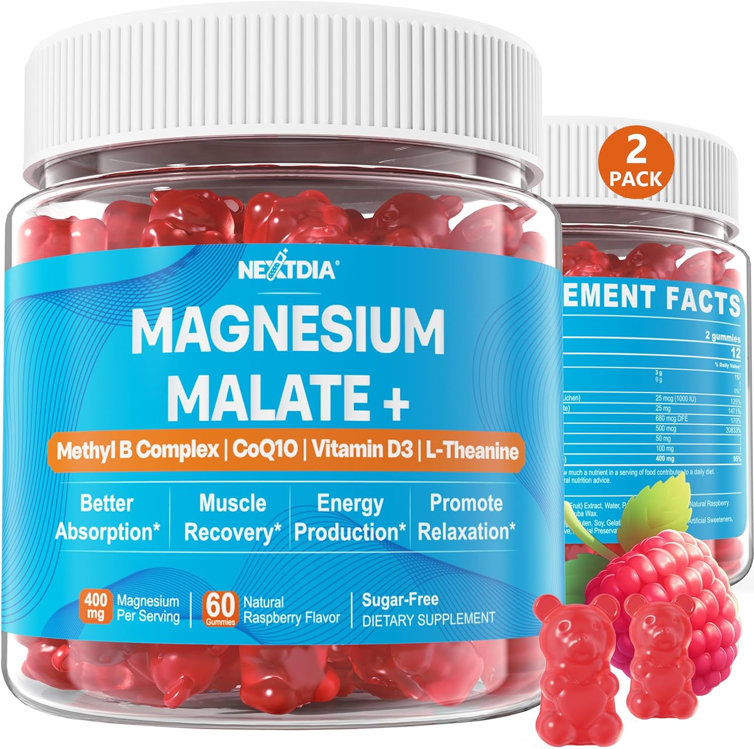 2Pack Berberine Supplement Gummies 1500mg + 2Pack Magnesium Malate with CoQ10-100mg Gummies for Energy and Heart Health