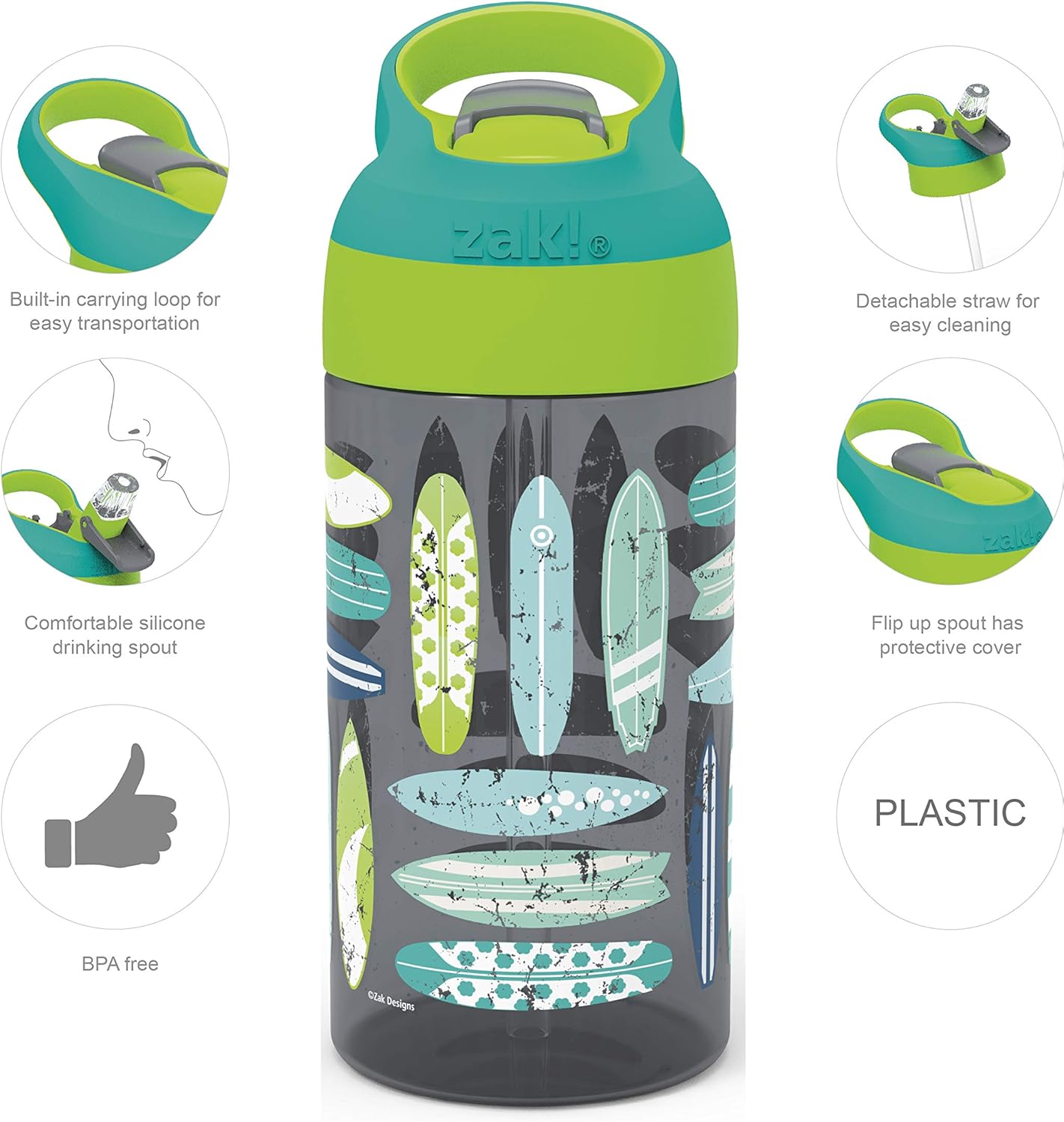 2PK Zak Designs 16oz Riverside Beach Life Kids Water Bottles with Straw and Carrying Loop - Durable, Leak-Proof Plastic for Travel