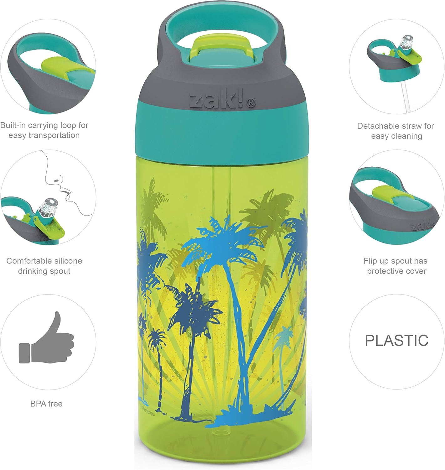 2PK Zak Designs 16oz Riverside Beach Life Kids Water Bottles with Straw and Carrying Loop - Durable, Leak-Proof Plastic for Travel