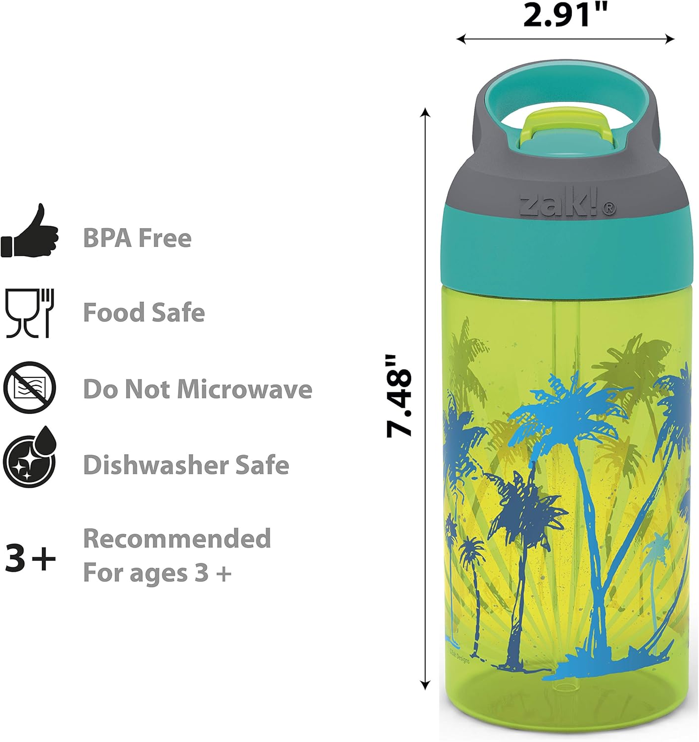 2PK Zak Designs 16oz Riverside Beach Life Kids Water Bottles with Straw and Carrying Loop - Durable, Leak-Proof Plastic for Travel