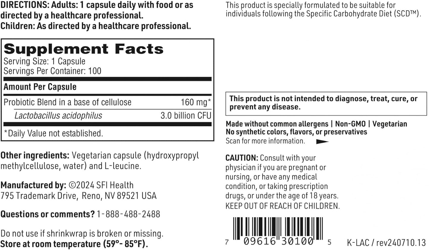 3 Billion CFU L. Acidophilus Probiotic Capsules - Pure SCD Compliant Formula for Men & Women, Non-Dairy & Hypoallergenic (100 Caps)