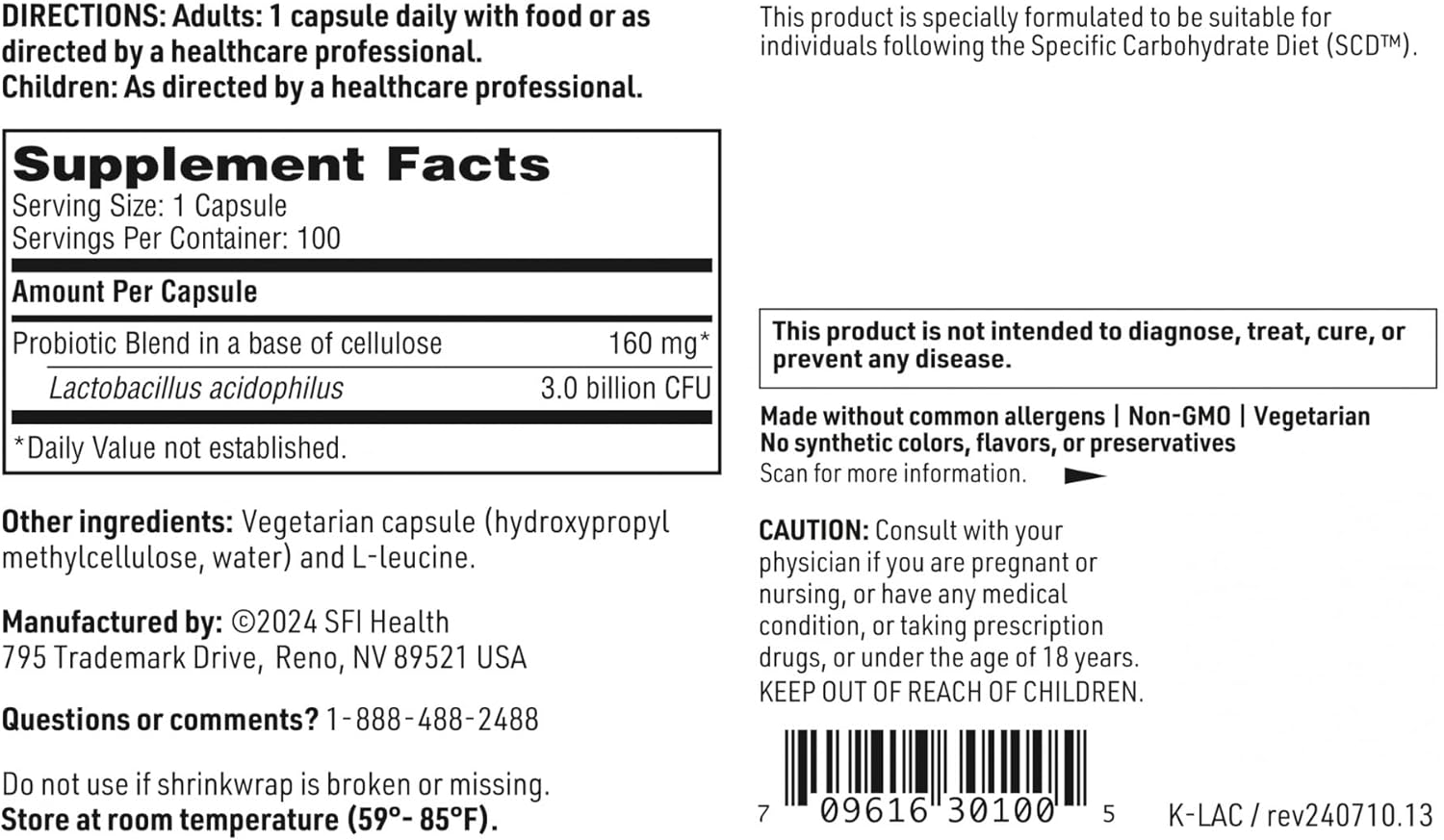 3 Billion CFU L. Acidophilus Probiotic Capsules - Pure SCD Compliant Formula for Men & Women, Non-Dairy & Hypoallergenic (100 Caps)