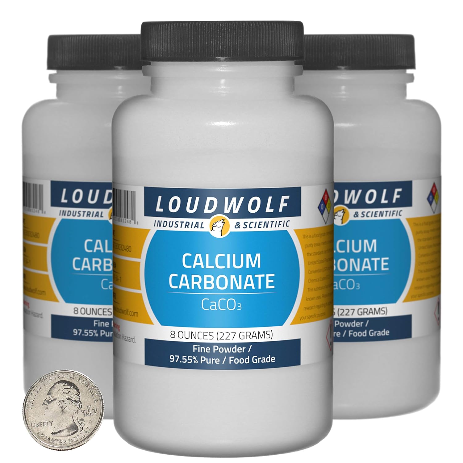3 Bottles of Loudwolf 1.5 Pounds Calcium Carbonate Fine Powder - 97.55% Pure Food Grade