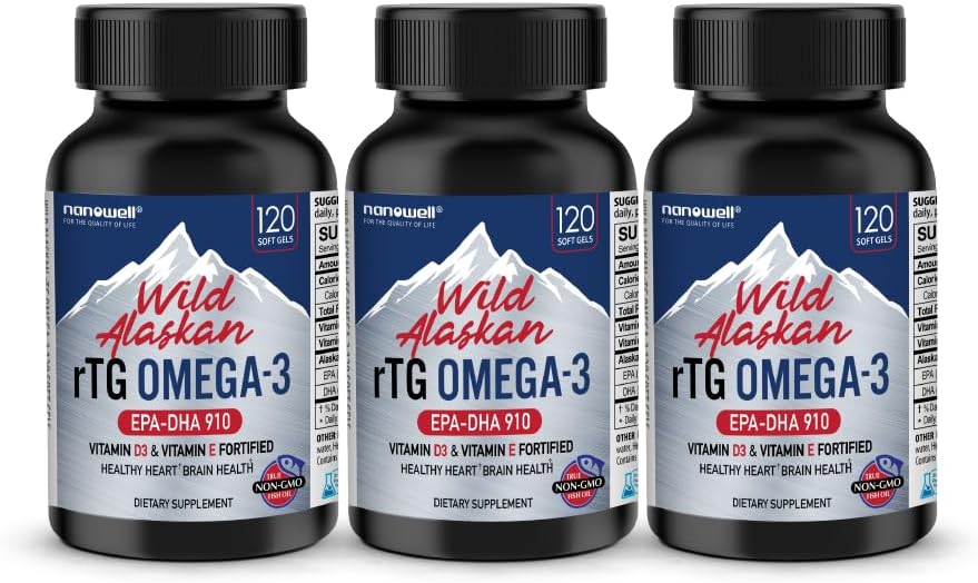 3 Bottles of NANOWELL Wild Alaskan Omega-3 Fish Oil Softgels - 360 Count (1196mg) with EPA, DHA, Vitamin D3 & E
