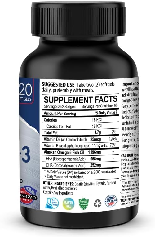 3 Bottles of NANOWELL Wild Alaskan Omega-3 Fish Oil Softgels - 360 Count (1196mg) with EPA, DHA, Vitamin D3 & E