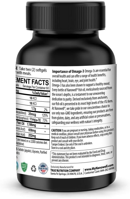 3 Bottles of NANOWELL Wild Alaskan Omega-3 Fish Oil Softgels - 360 Count (1196mg) with EPA, DHA, Vitamin D3 & E