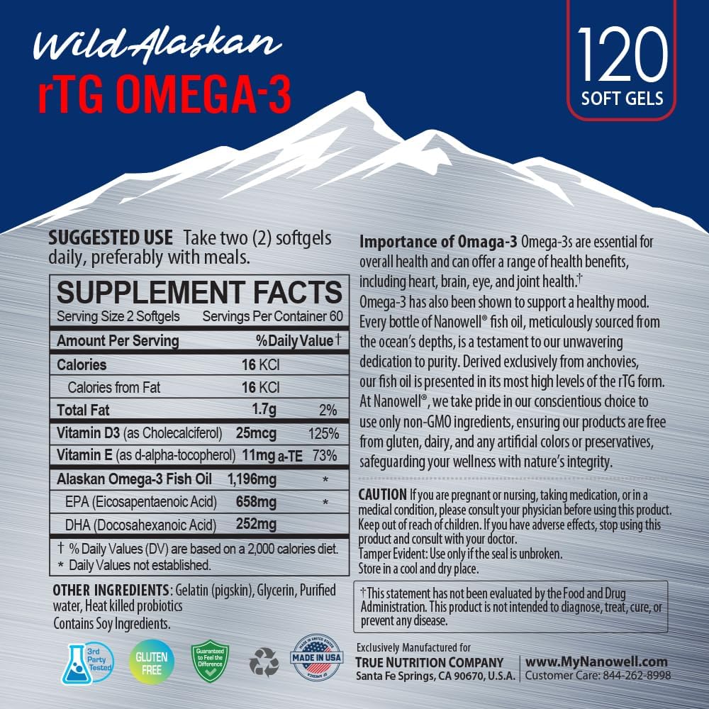 3 Bottles of NANOWELL Wild Alaskan Omega-3 Fish Oil Softgels - 360 Count (1196mg) with EPA, DHA, Vitamin D3 & E