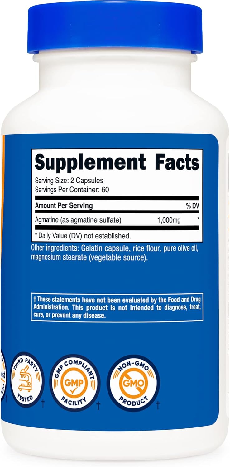 3 Bottles of Nutricost Agmatine Sulfate 1000mg - 120 Capsules Each (Gluten Free, Non GMO) - BoostGo Australia