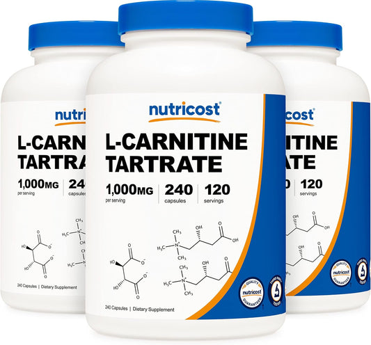 3 Bottles of Nutricost L-Carnitine Tartrate 500mg, 240 Capsules - 1000mg Per Serving