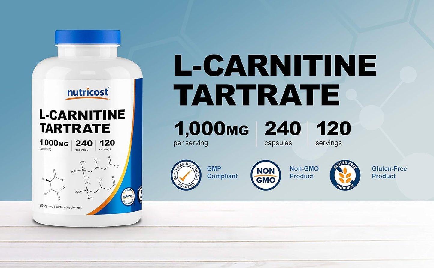 3 Bottles of Nutricost L-Carnitine Tartrate 500mg, 240 Capsules - 1000mg Per Serving