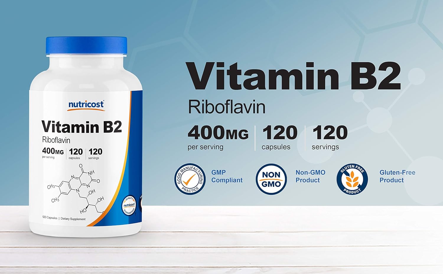 3 Bottles of Nutricost Vitamin B2 (Riboflavin) 400mg, Total of 120 Capsules