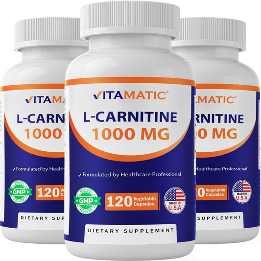 3 Bottles of Vitamatic L-Carnitine Fumarate 1000 mg - 120 Vegetable Capsules