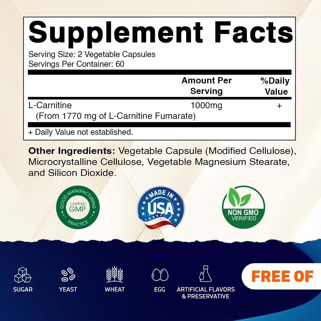 3 Bottles of Vitamatic L-Carnitine Fumarate 1000 mg - 120 Vegetable Capsules