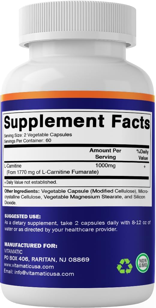 3 Bottles of Vitamatic L-Carnitine Fumarate 1000 mg - 120 Vegetable Capsules
