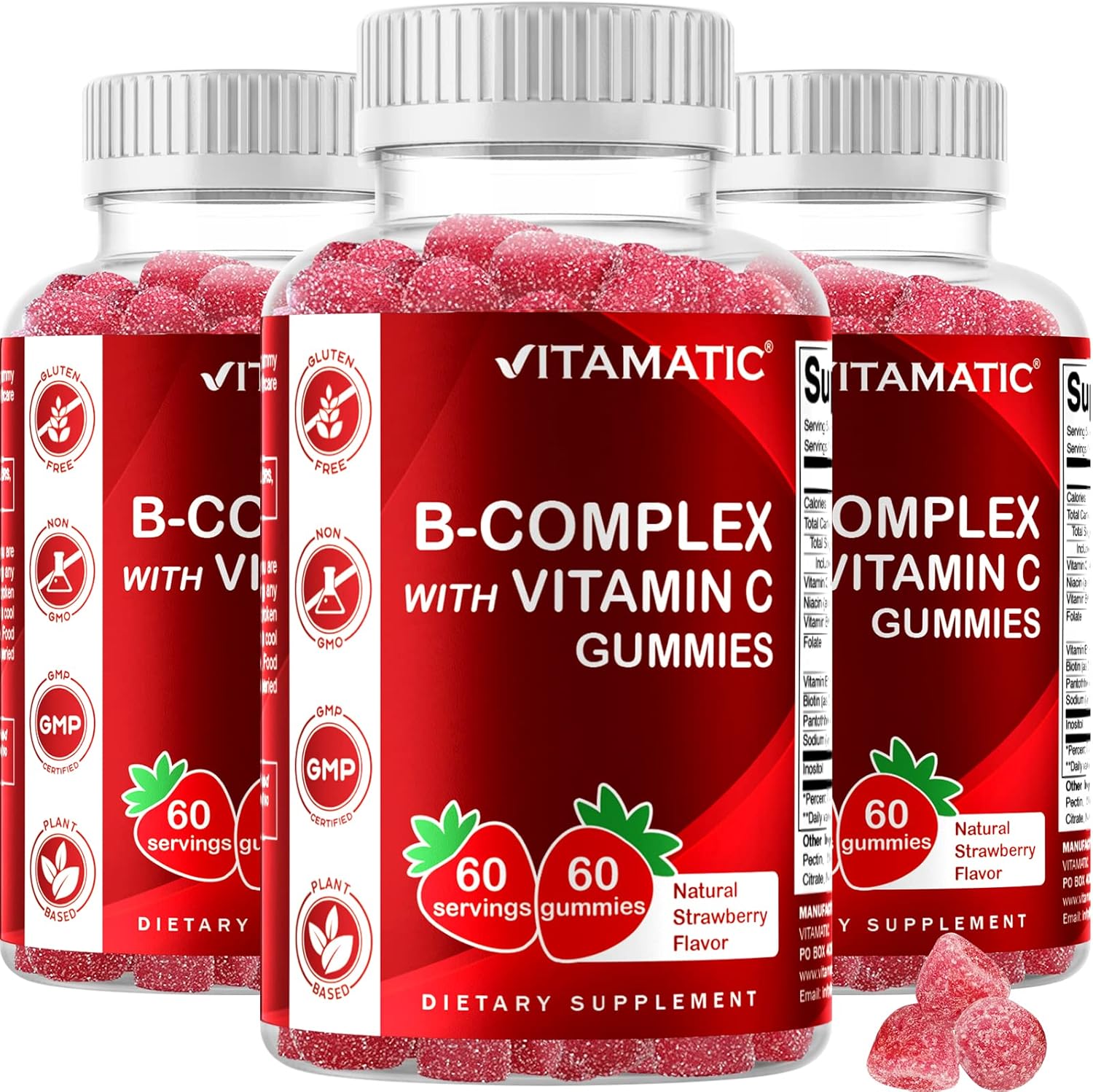 3 Bottles of Vitamatic Vitamin B Complex Gummies with Vitamin C & Inositol - Natural Strawberry Flavor - 60 Gummies