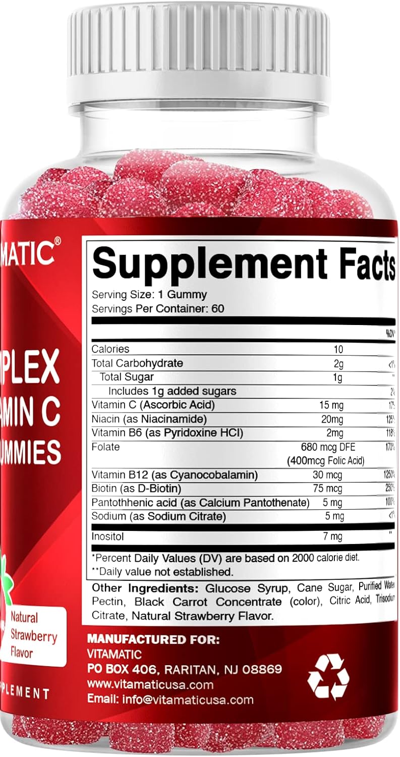 3 Bottles of Vitamatic Vitamin B Complex Gummies with Vitamin C & Inositol - Natural Strawberry Flavor - 60 Gummies