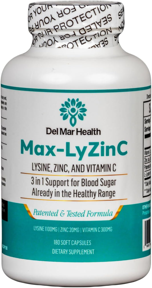 3-in-1 Del Mar Health Max-LyZinC Supplement: L-Lysine 1100mg, Zinc 6mg, Vitamin C 100mg - Supports Healthy Blood Sugar - 180 Capsules