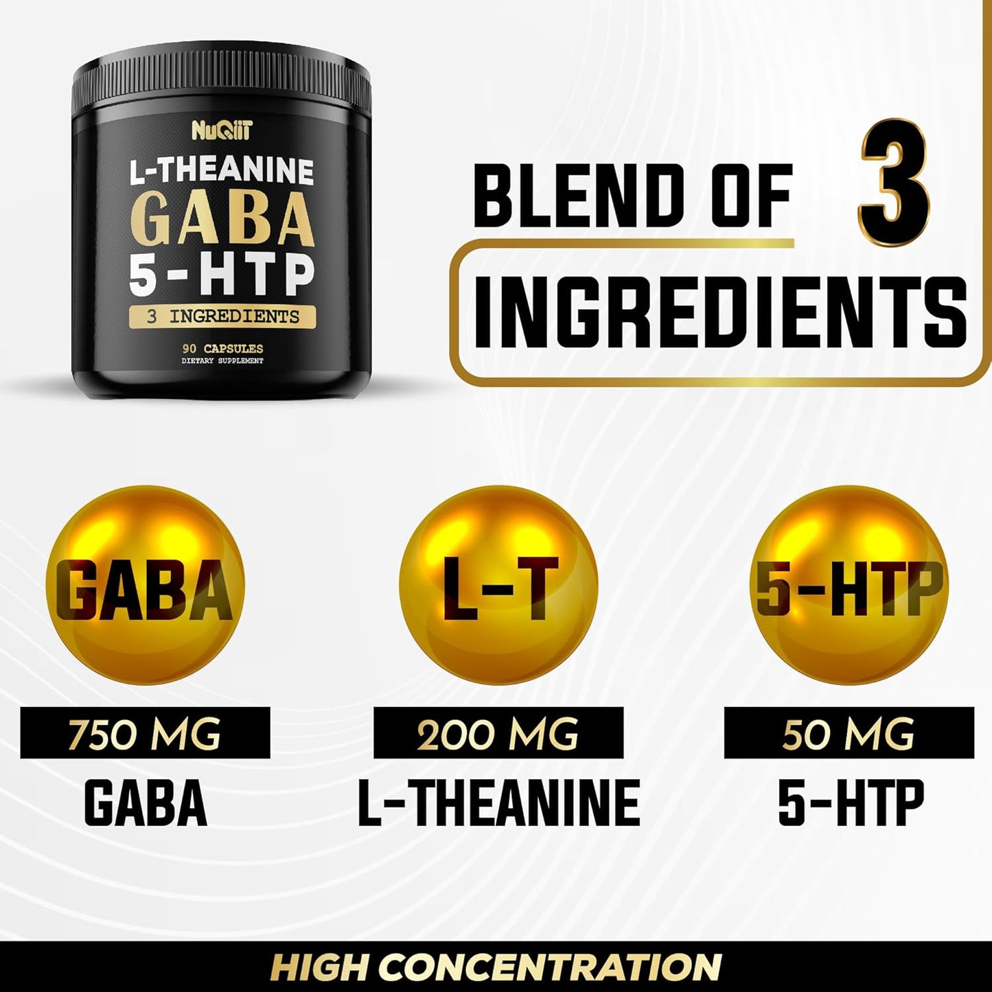 3-in-1 GABA Supplements with L-Theanine, 5-HTP - 1000mg Equivalent - Brain Health, Concentration, Mood Support - 90 Capsules