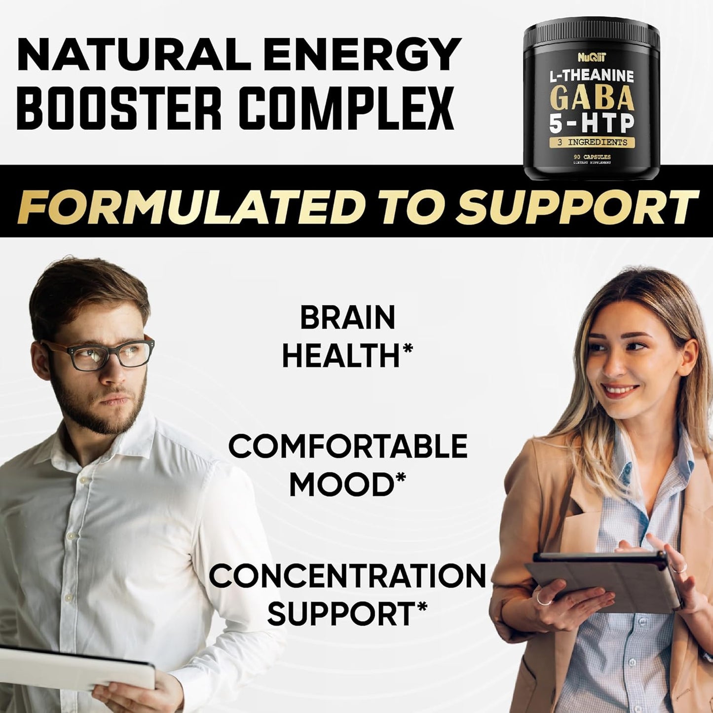 3-in-1 GABA Supplements with L-Theanine, 5-HTP - 1000mg Equivalent - Brain Health, Concentration, Mood Support - 90 Capsules