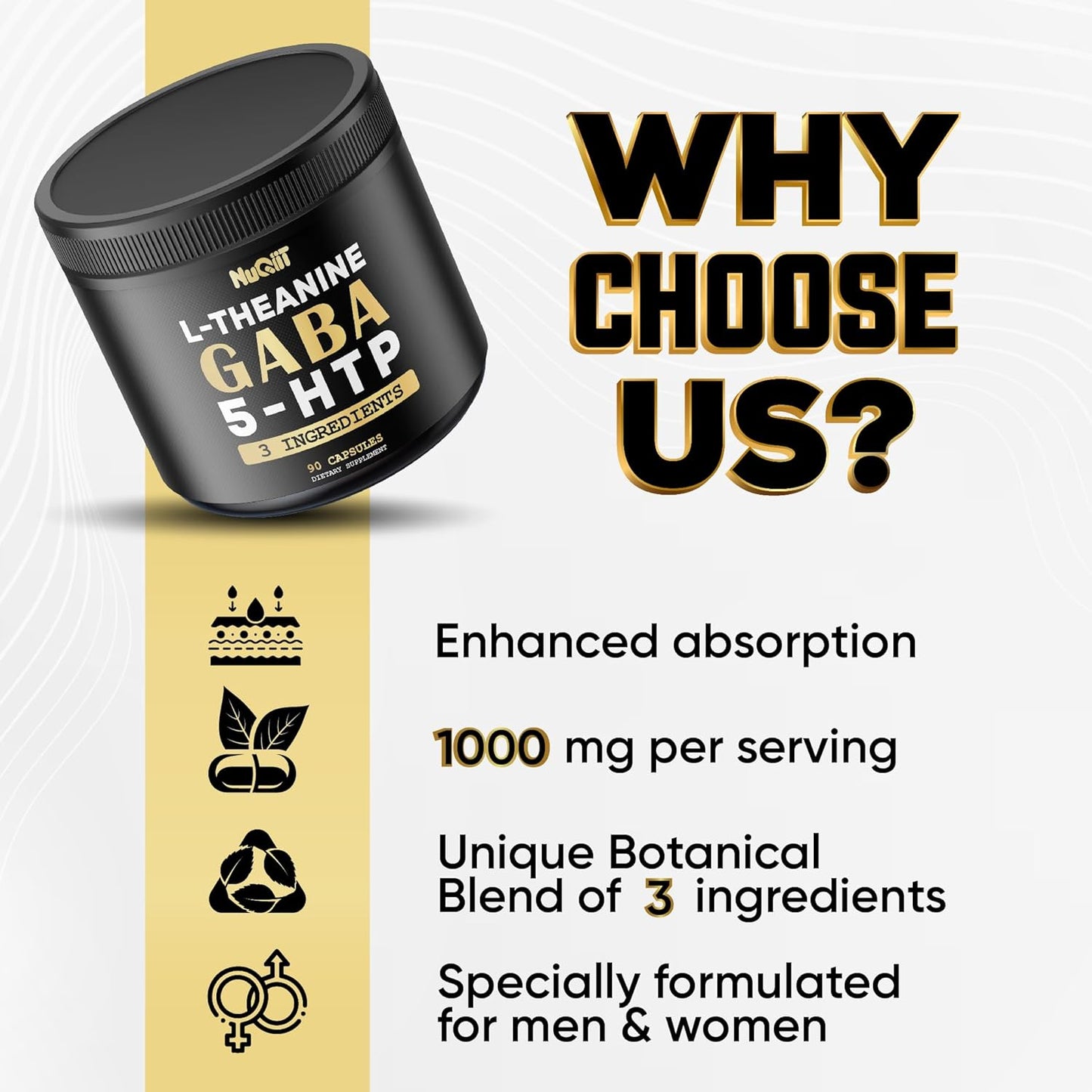 3-in-1 GABA Supplements with L-Theanine, 5-HTP - 1000mg Equivalent - Brain Health, Concentration, Mood Support - 90 Capsules