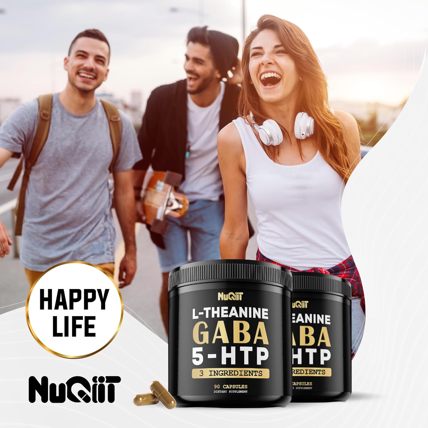 3-in-1 GABA Supplements with L-Theanine, 5-HTP - 1000mg Equivalent - Brain Health, Concentration, Mood Support - 90 Capsules