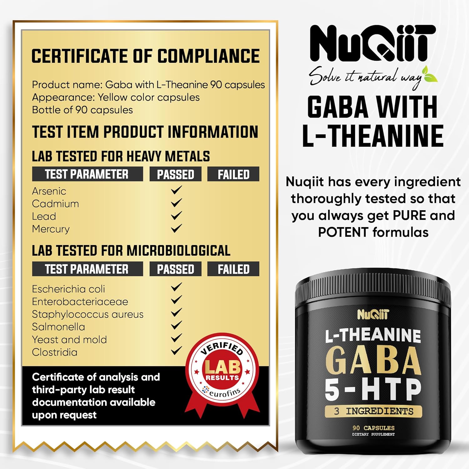3-in-1 GABA Supplements with L-Theanine, 5-HTP - 1000mg Equivalent - Brain Health, Concentration, Mood Support - 90 Capsules