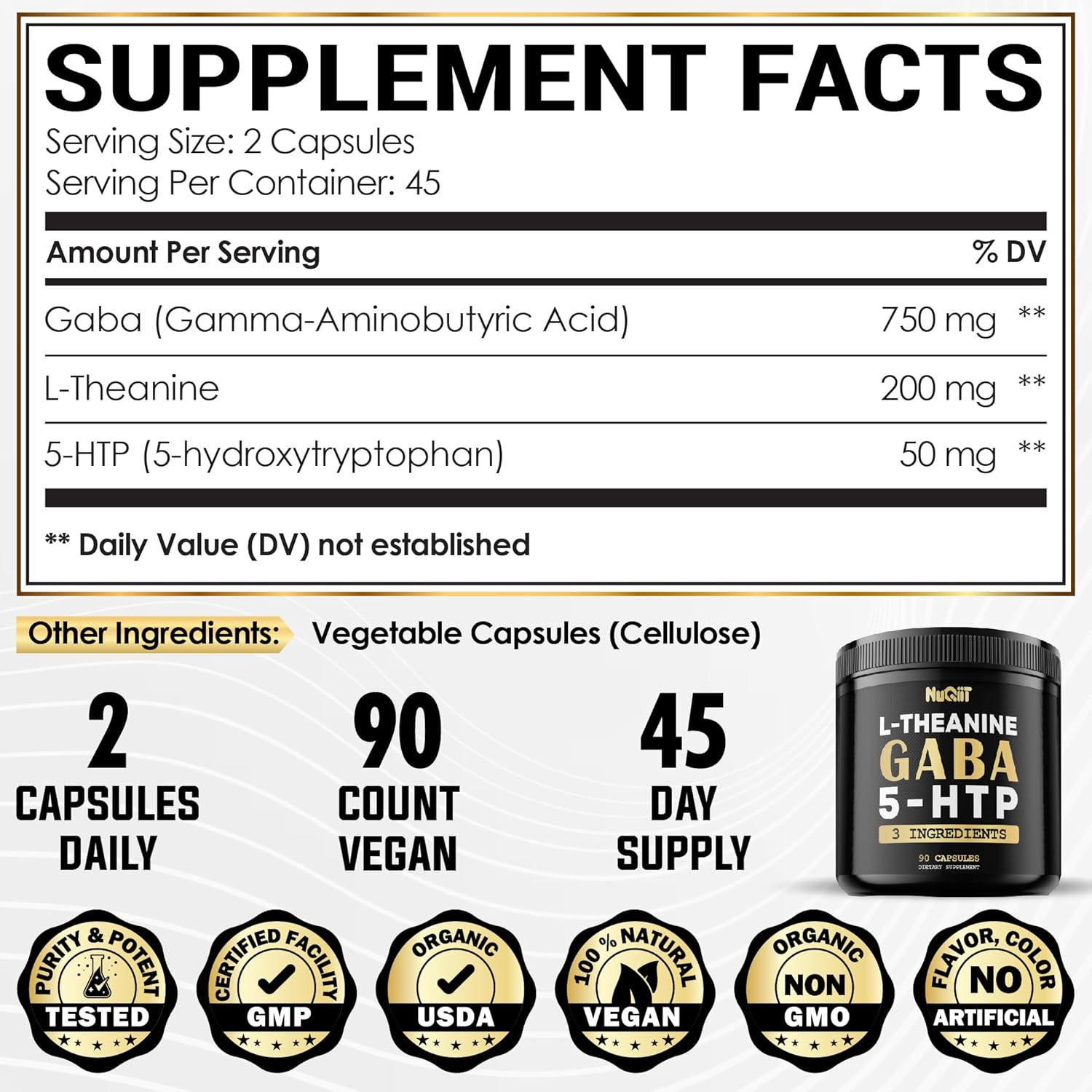 3-in-1 GABA Supplements with L-Theanine, 5-HTP - 1000mg Equivalent - Brain Health, Concentration, Mood Support - 90 Capsules